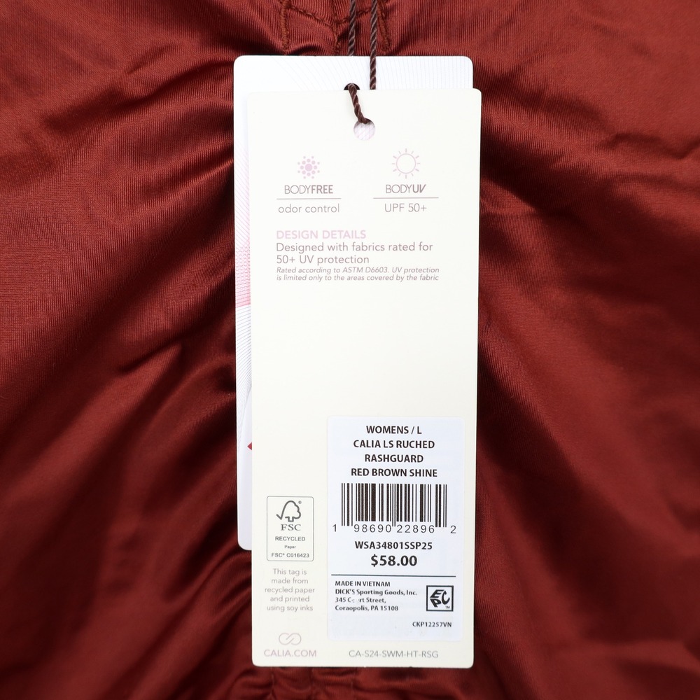 Calia Womens Ruched Long Sleeve Rashguard Red Brown Shine UPF 50+ L - Picture 4 of 7